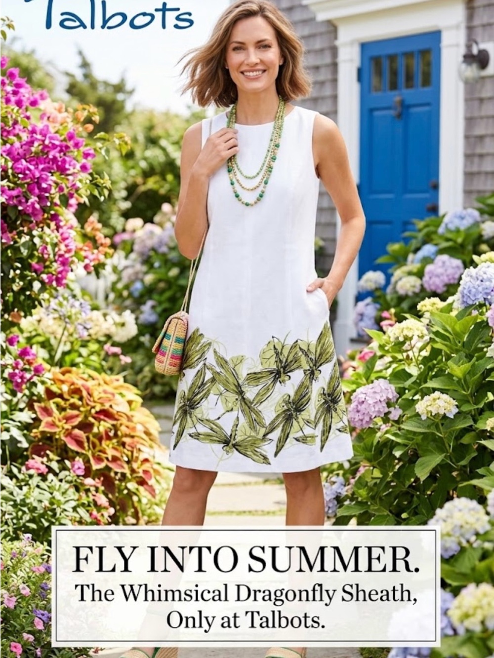 Talbots White Sheath Lined Dress with Green Dragonfly Border ~ Size 14